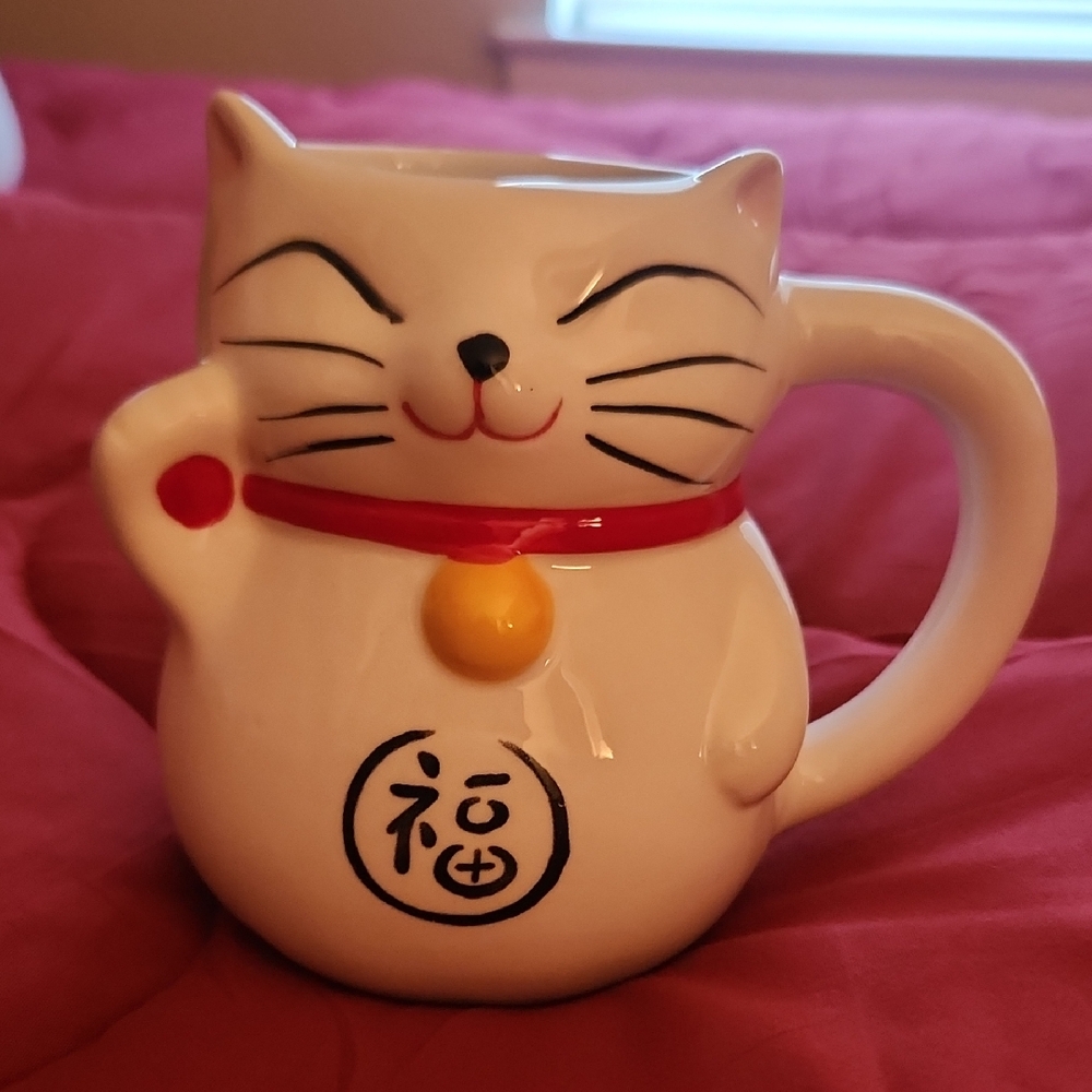 Cost Plus World Market White and Red Lucky Cat Mugs Set Of 2